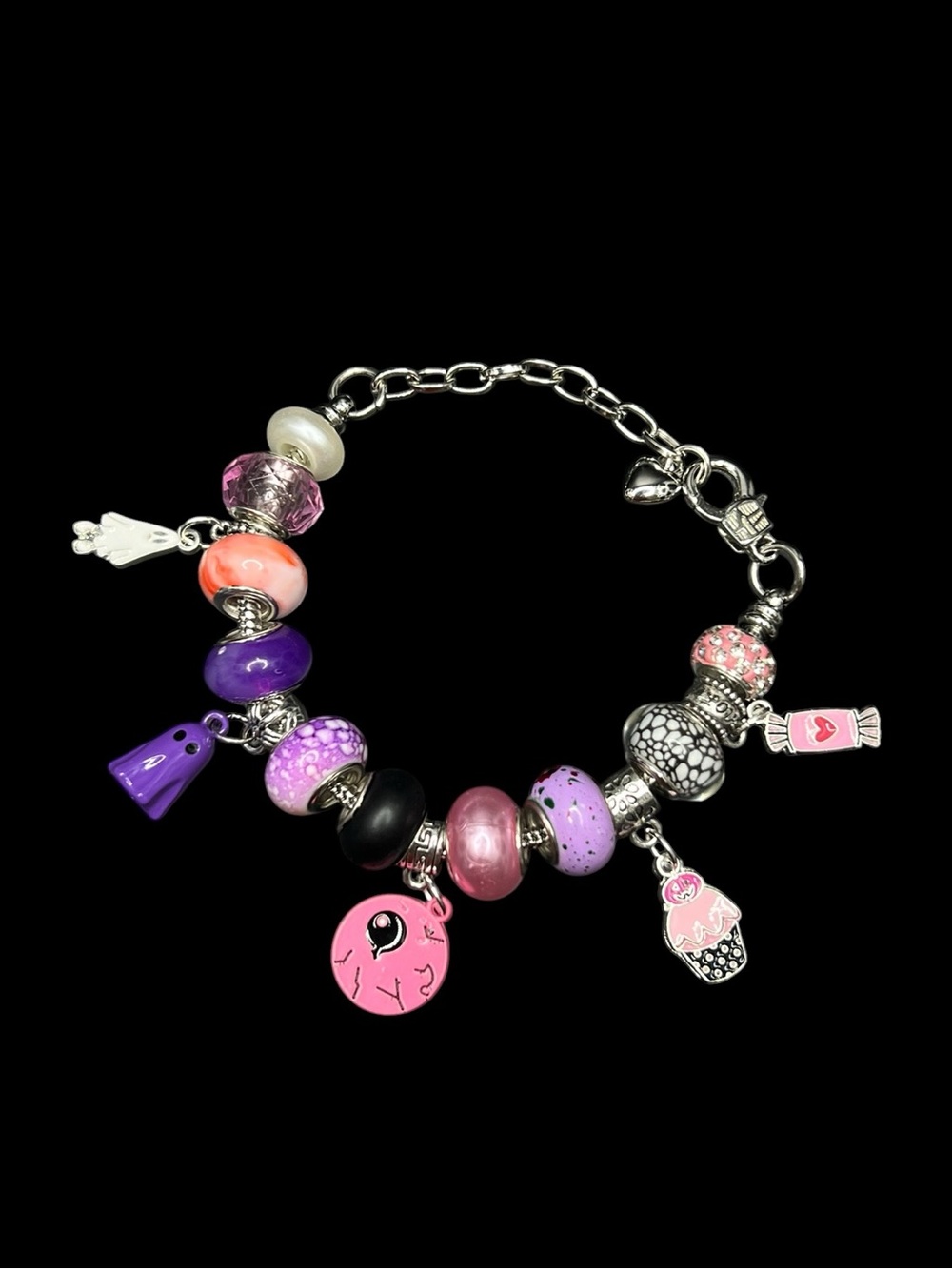 Halloween Adjustable Silver Charm Bracelet with Pink & Purple Murano-Style Beads